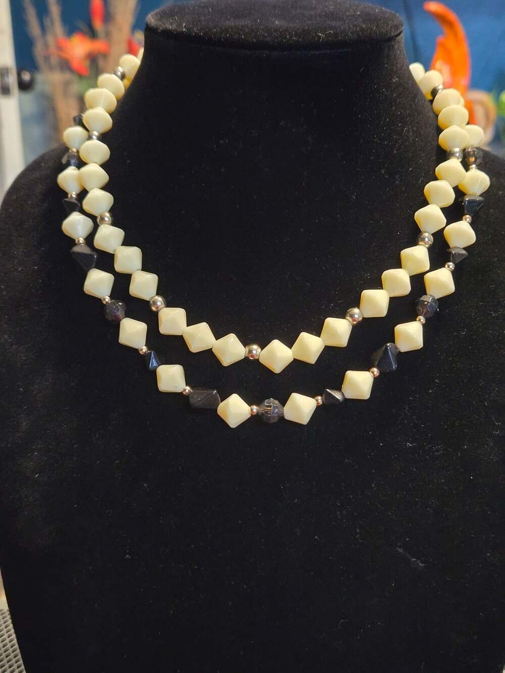 (2) Vintage Black and Ivory Faceted Bead Necklaces